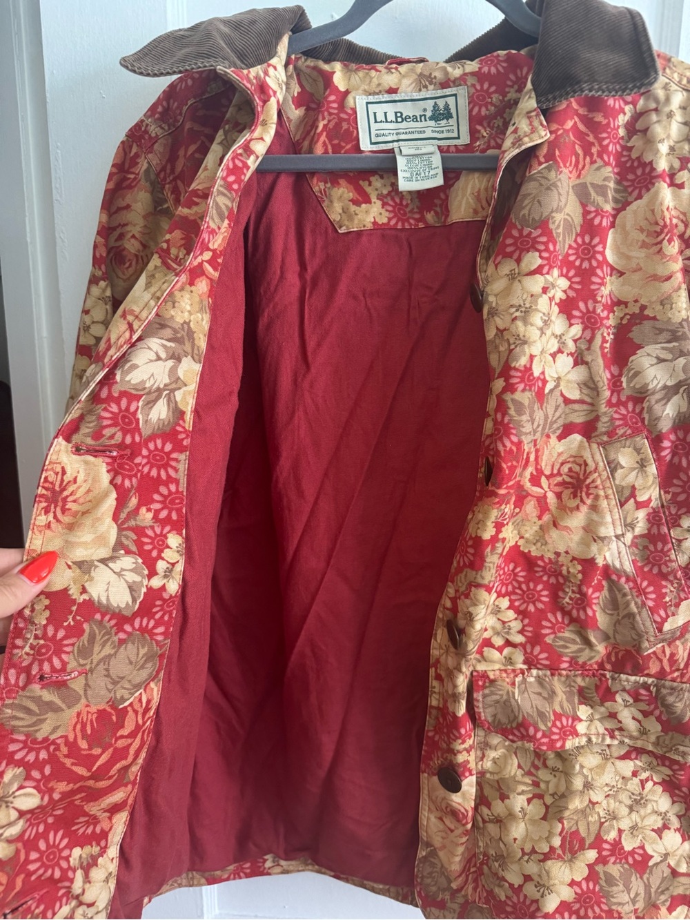 L.L. Bean Red Floral Quilted Chore Jacket with Brown Corduroy Trim - Picture 6 of 6